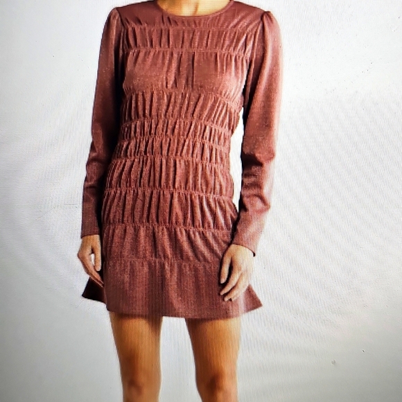 NWT Lumiere Metallic Long Sleeved Shirred Minidress Shimmery Sparkly Mauve Large - Picture 1 of 13